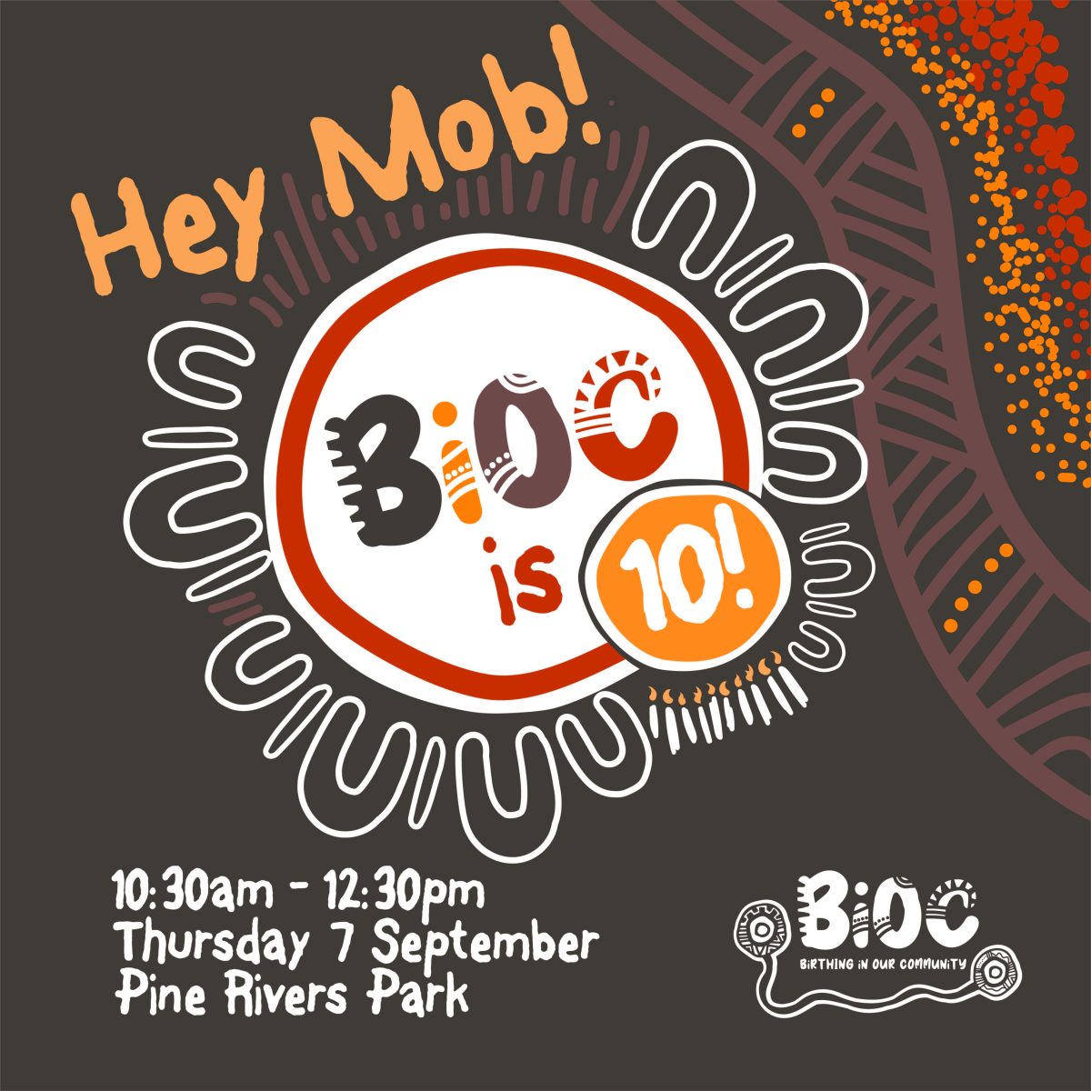 Hey Mob! BiOC is 10 - come celebrate. BiOC branding.