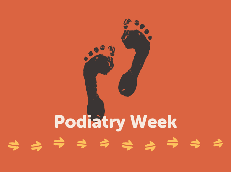 Image with orange footprints graphics on an dark purple background with the words “Podiatry Week,” promoting IUIH's focus on strong, healthy steps in community.