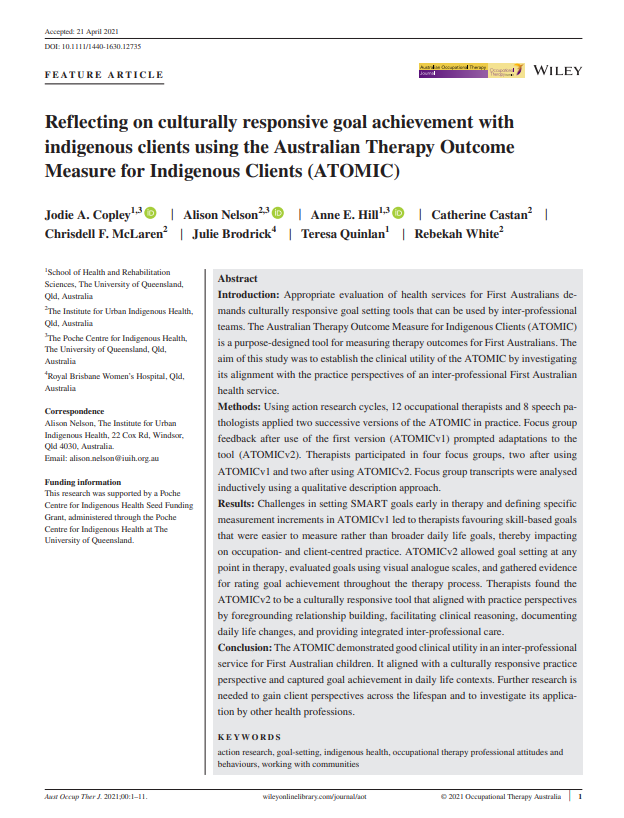 Reflecting on culturally responsive goal achievement with indigenous clients using the Australian Therapy Outcome Measure for Indigenous Clients (ATOMIC)