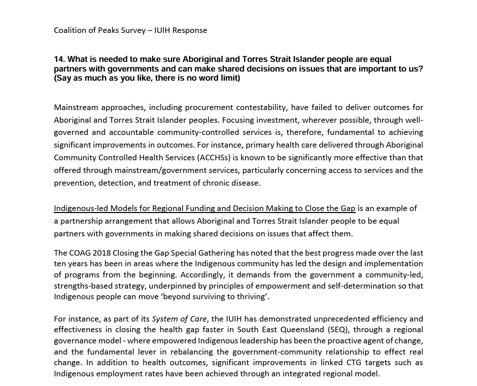 IUIH Submission Coalition of Peaks Survey