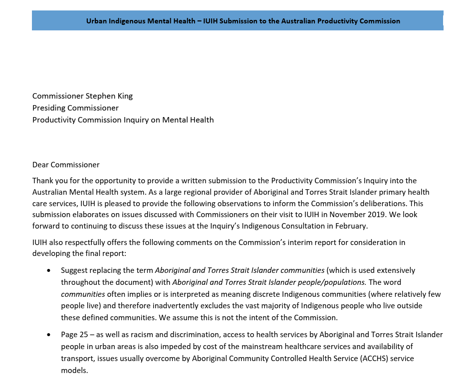 IUIH Submission PC Mental Health Inquiry
