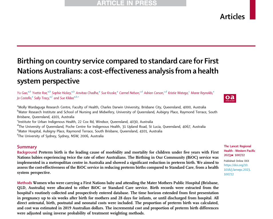 Birthing on country service compared to standard care for First Nations Australians: a cost-effectiveness analysis from a health system perspective