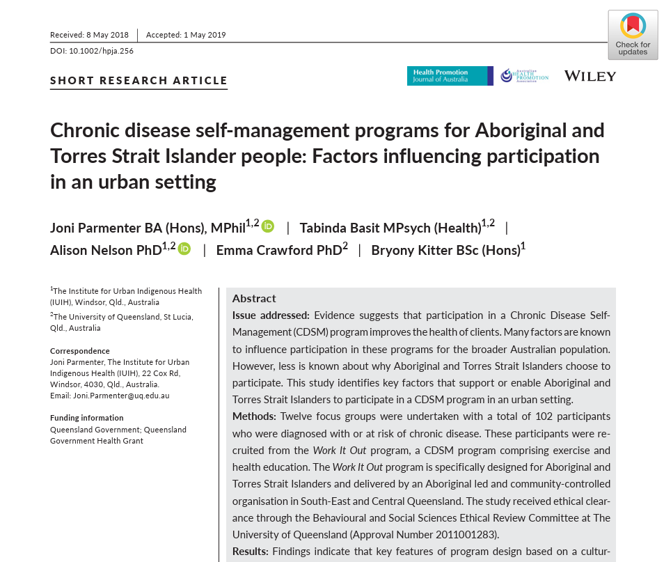 Chronic disease self-management programs for Aboriginal and Torres Strait Islander people: Factors influencing participation in an urban setting