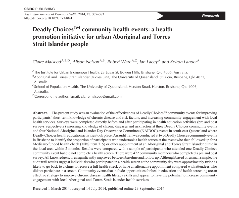Deadly Choices community health events: a health promotion initiative for urban Aboriginal and Torres Strait Islander people