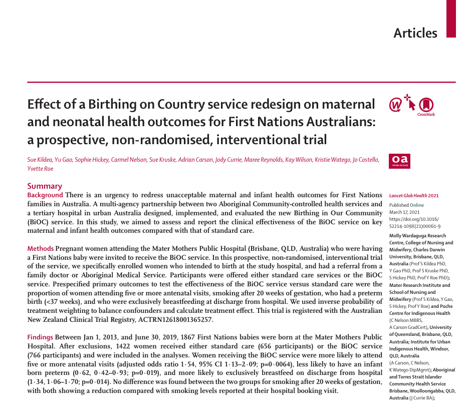 Effect of a Birthing on Country service redesign on maternal and neonatal health outcomes for First Nations Australians: a prospective, non-randomised, interventional trial