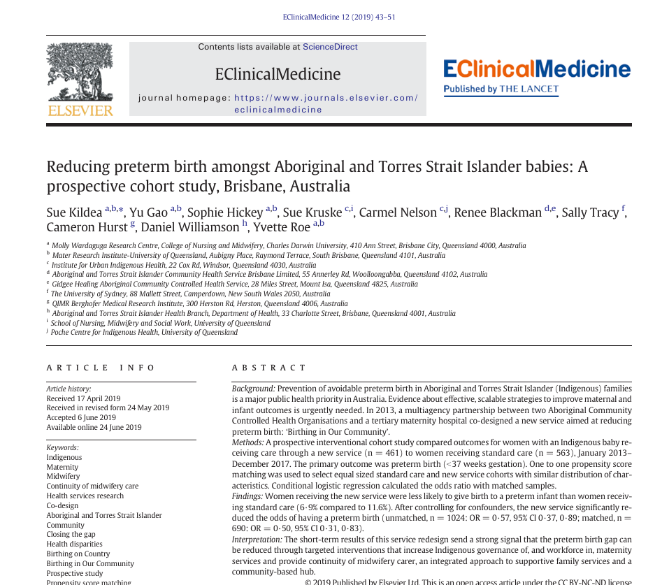 Reducing preterm birth amongst Aboriginal and Torres Strait Islander babies: A prospective cohort study, Brisbane, Australia