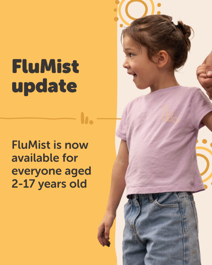 FluMist update - yellow tile and young girl who is looking to the side, happy she received FluMist